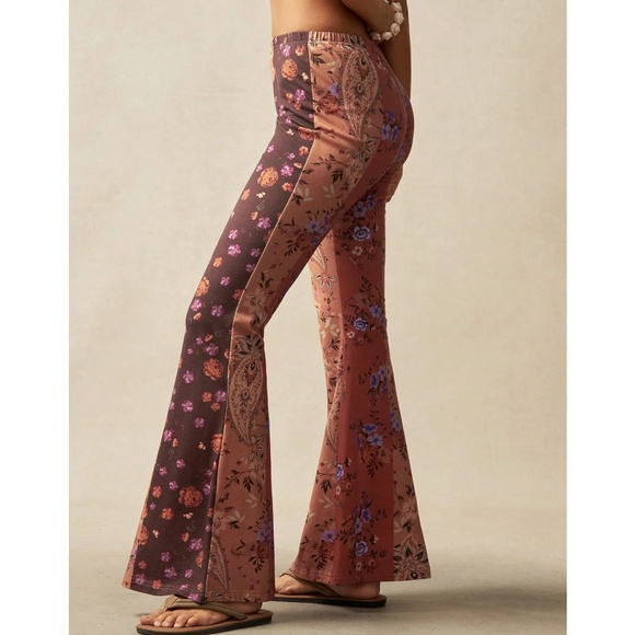 Boho Floral Print Stretchy Waist Color Block Bell Bottom Pants - Picture 5 of 6